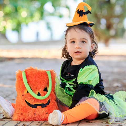 Toddler in Halloween costume with bag.