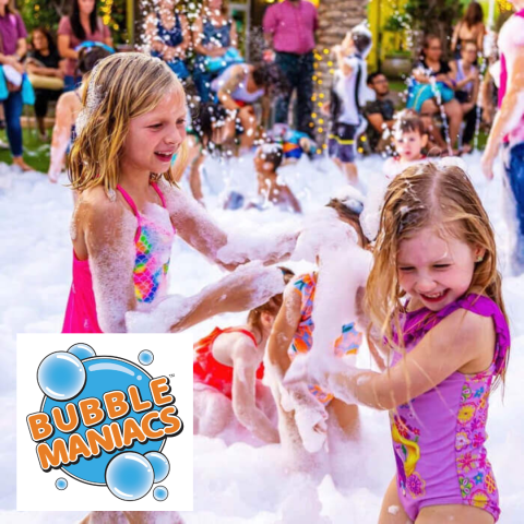 Kids playing in bubble foam with Bubblemaniacs logo